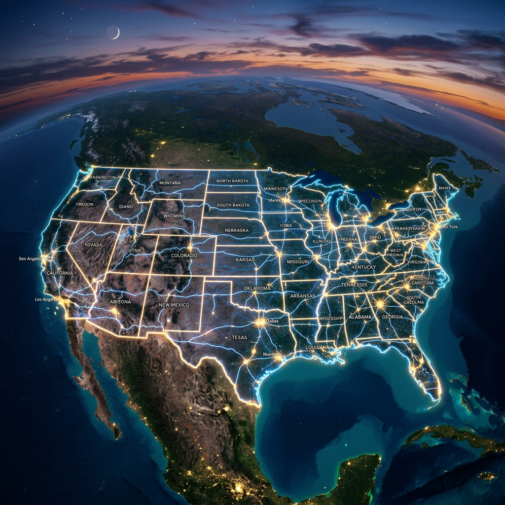 Map of the United States at night with glowing state borders and city lights.