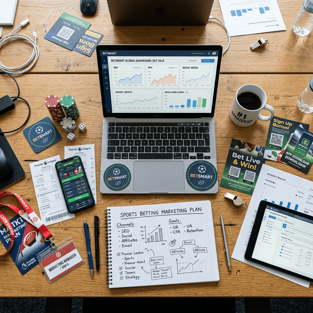 Laptop and tablet showing marketing dashboards, sports betting plan notebook, phone with betting app, promotional materials, and poker chips on wooden desk