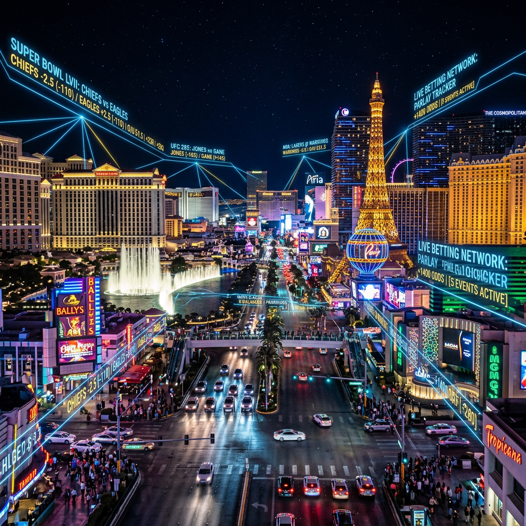 Nighttime Las Vegas Strip scene with sports betting odds and event details overlaid in glowing text.