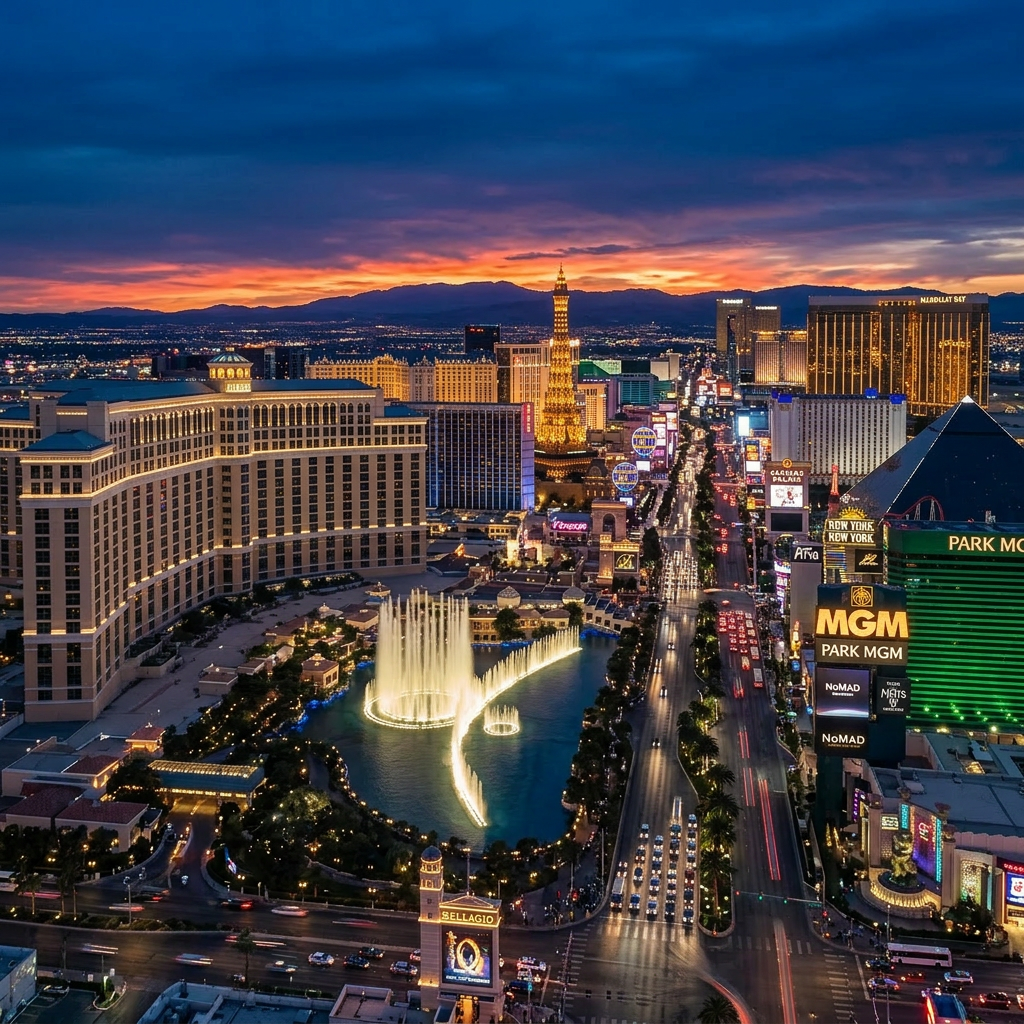 Las Vegas Strip bustling with traffic and pedestrians during sunset, featuring illuminated casinos and landmarks