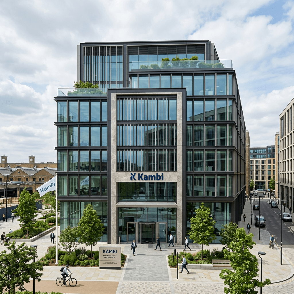Kambi headquarters modern office building with glass facade and people walking outside